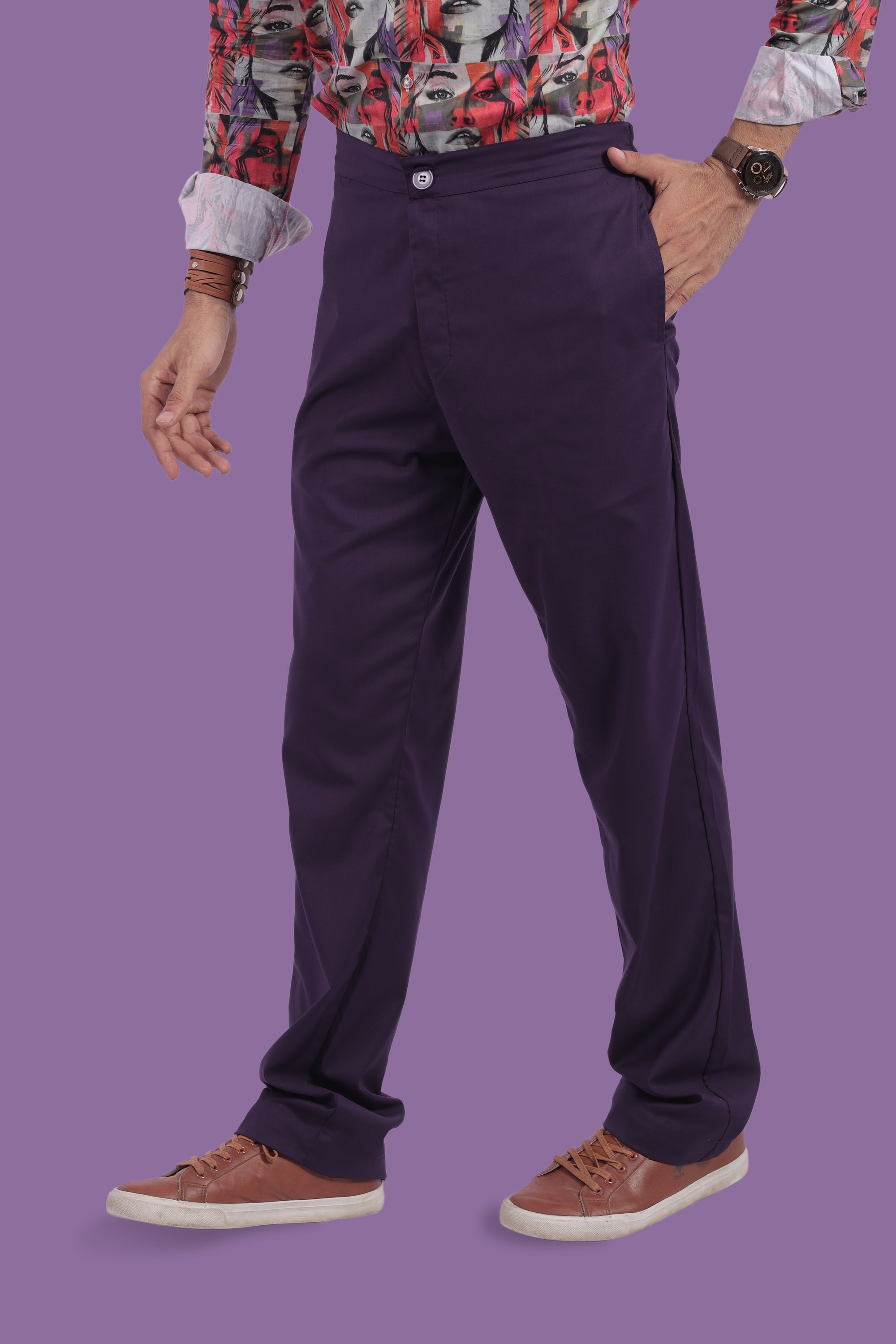 Purple Stretchable Pants With Relaxed Fit