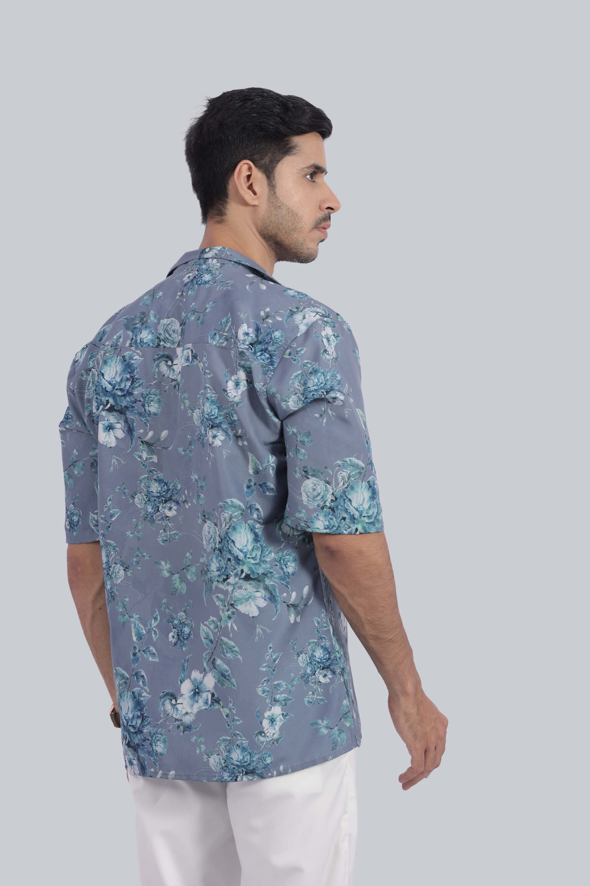 Grey Flower Design Relax Fit Half Sleeves Shirt