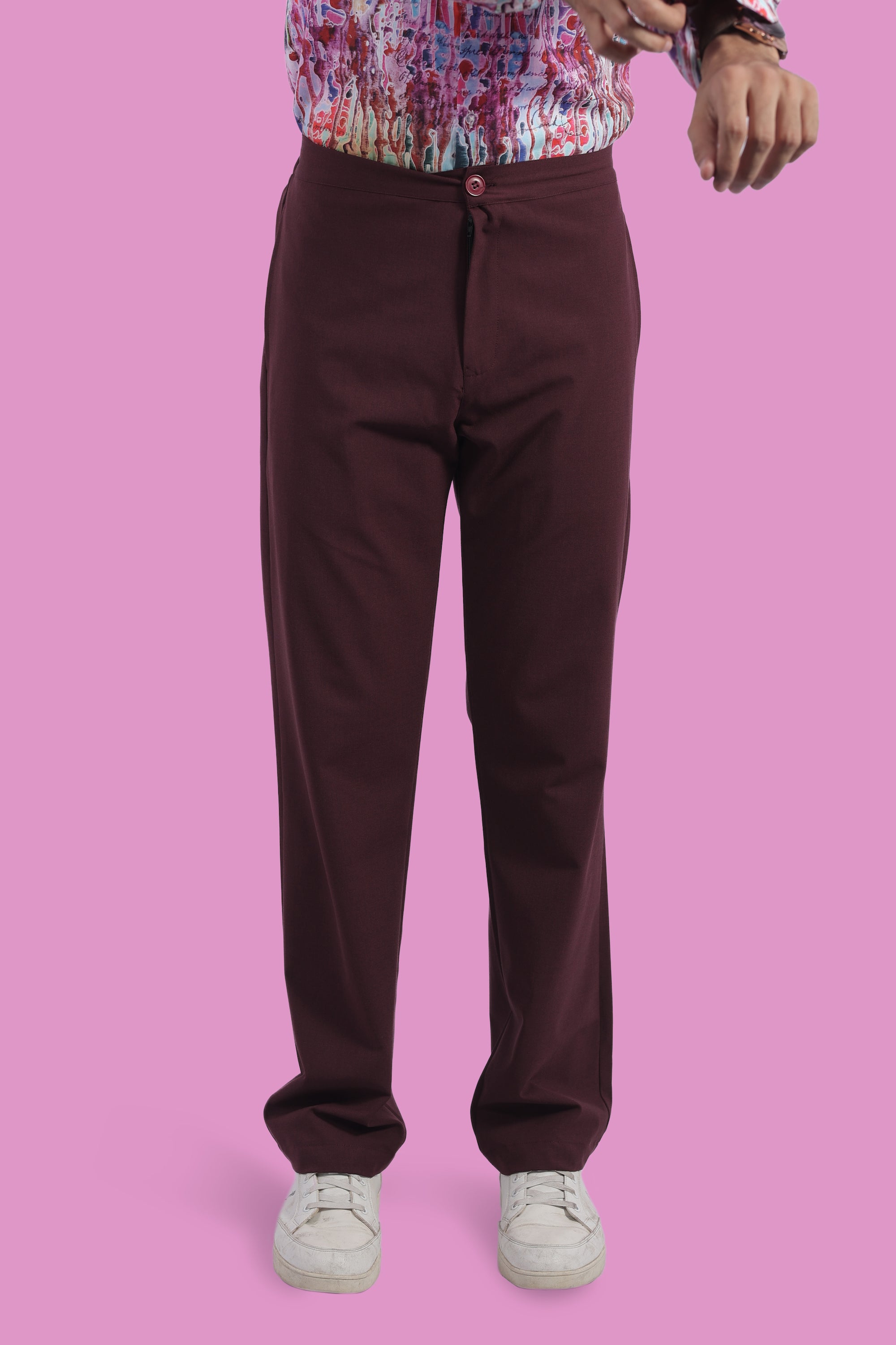 Burgundy Stretchable Pants With Relaxed Fit