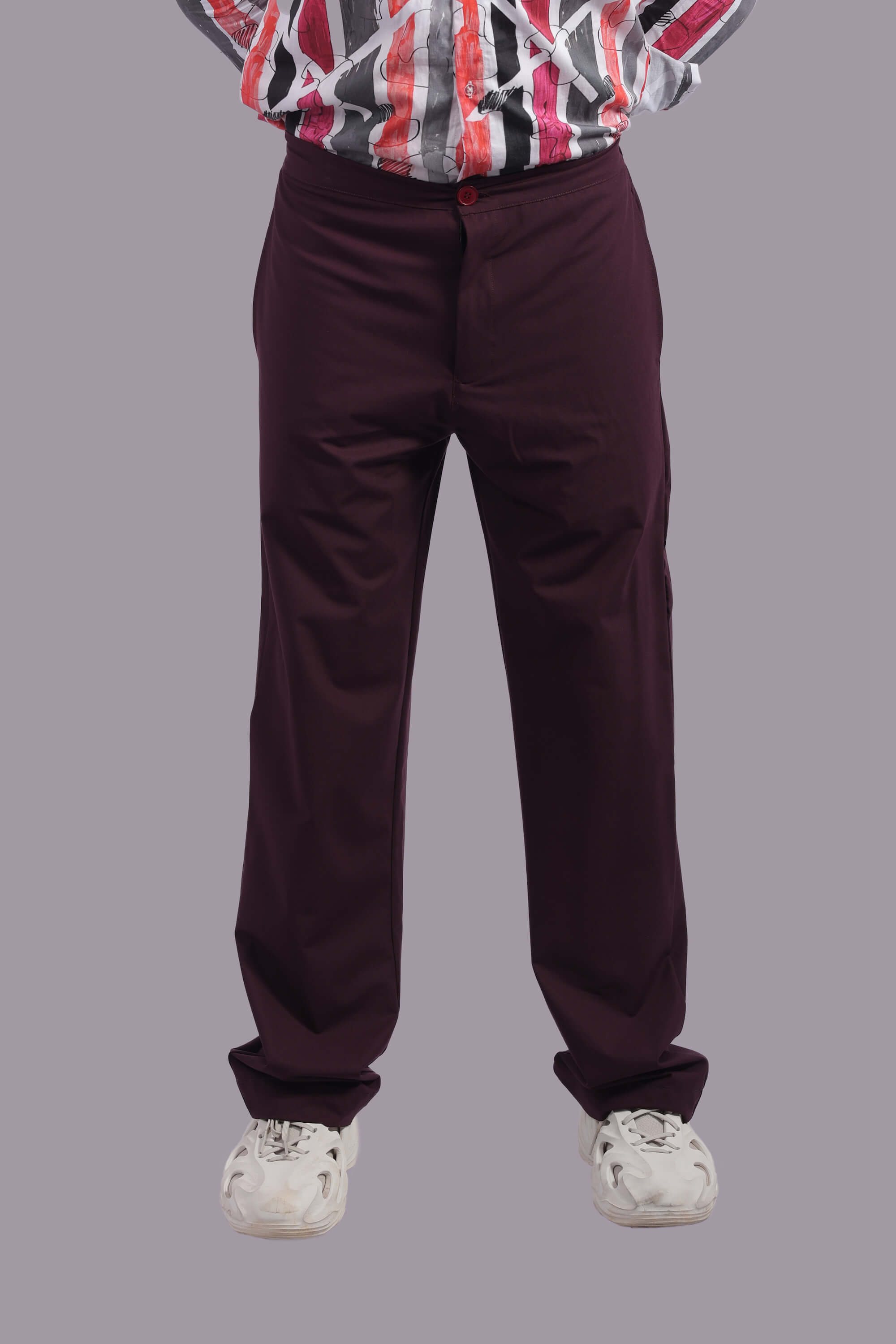 Wine Color Stretchable Pants With Relaxed Fit