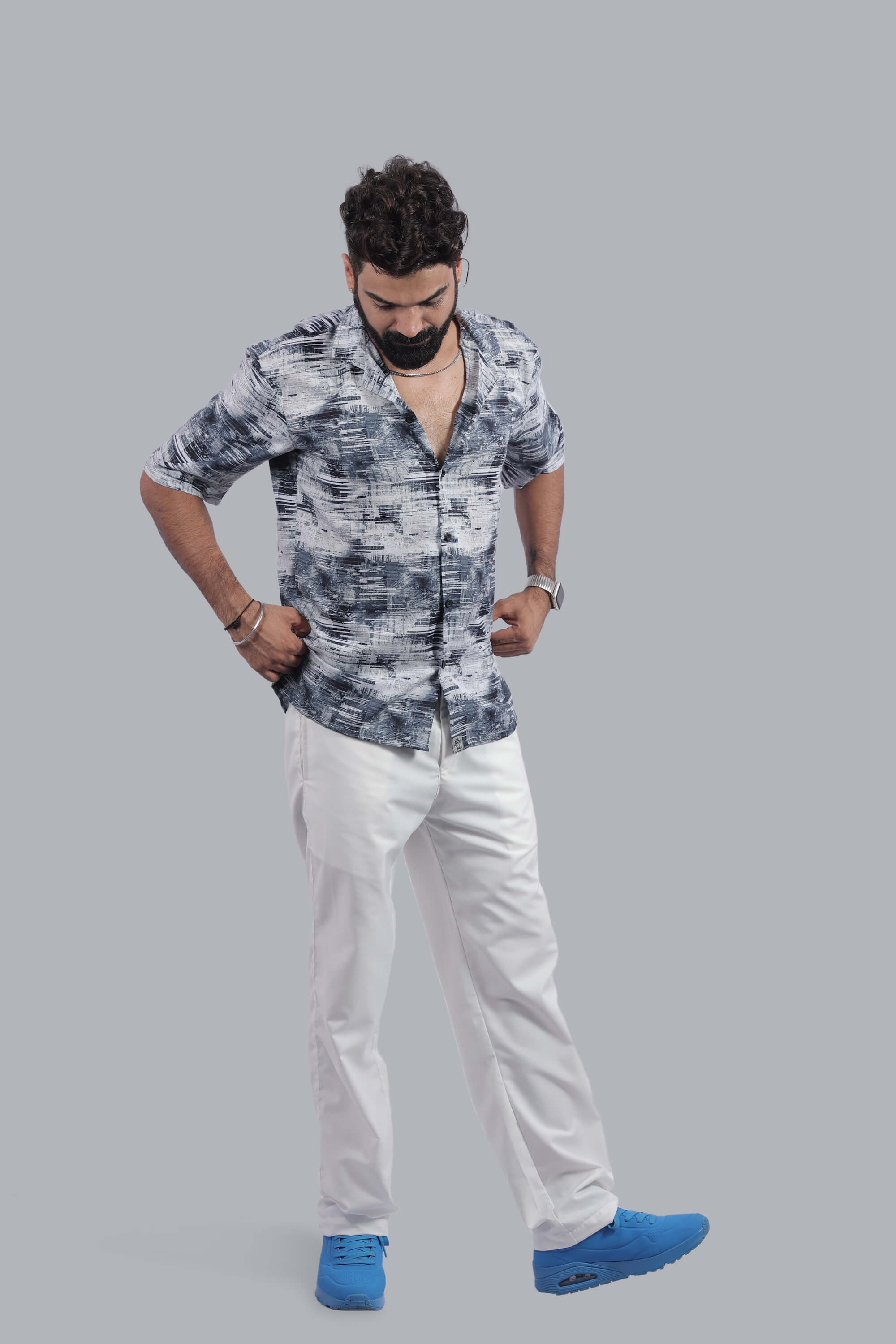 Grey Strokes Design Relax Fit Half Sleeves Shirt