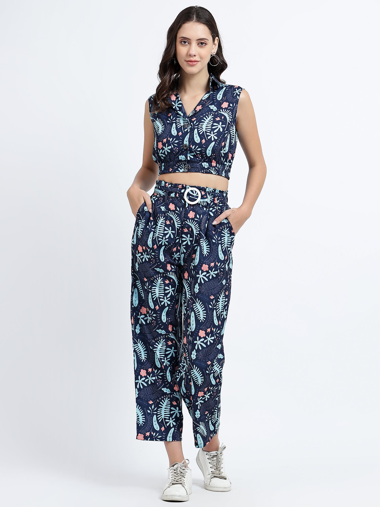 Blue Leaves Printed Crop Top With Pants