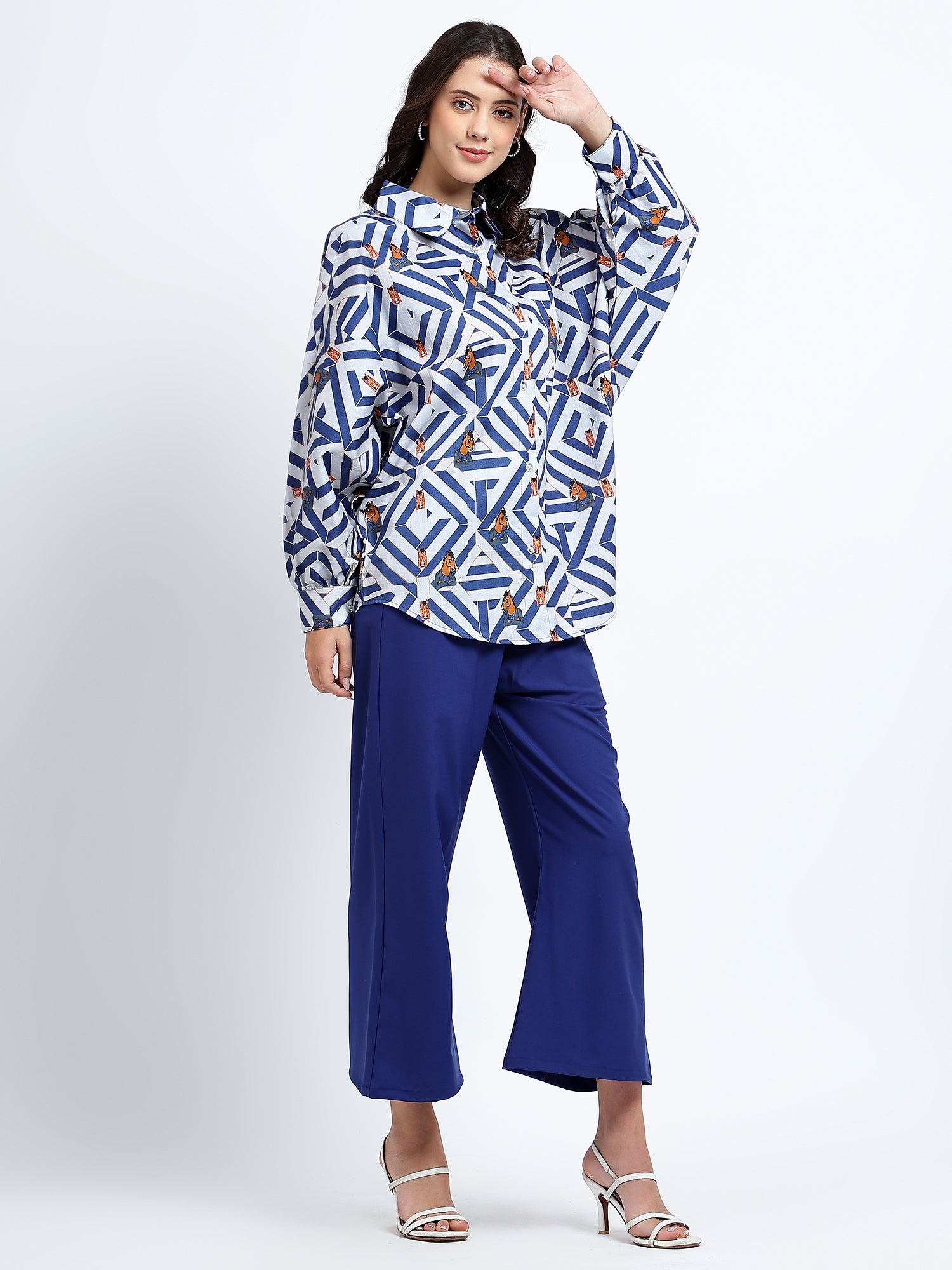 Printed Horse Pad Oversized Shirt With Stretchable Loose Pants (Set of 2)