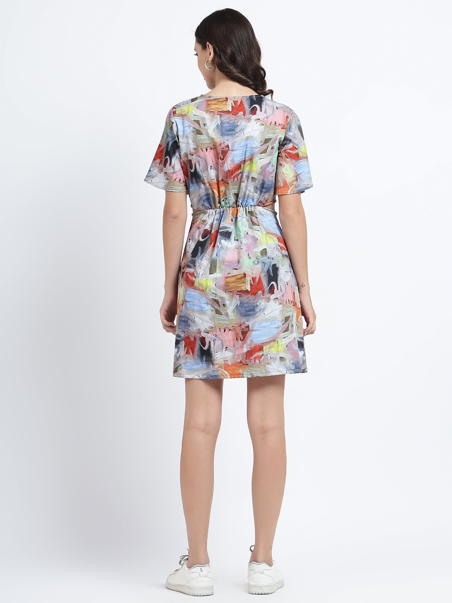 Color Stroke Printed Waist Cut-Out Dress