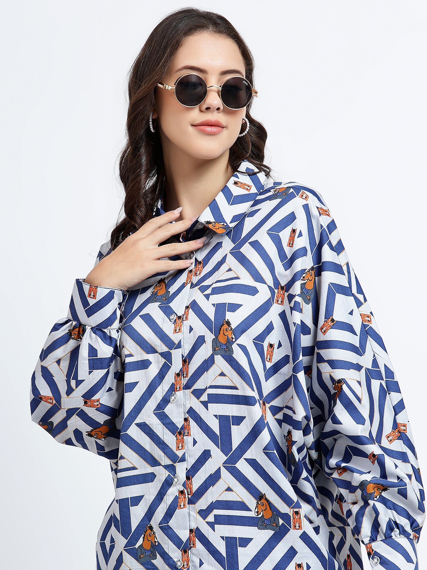 Printed Horse Pad Oversized Shirt With Stretchable Loose Pants (Set of 2)