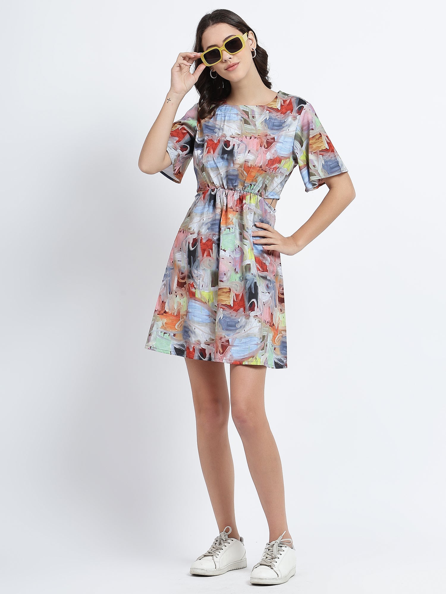 Color Stroke Printed Waist Cut-Out Dress