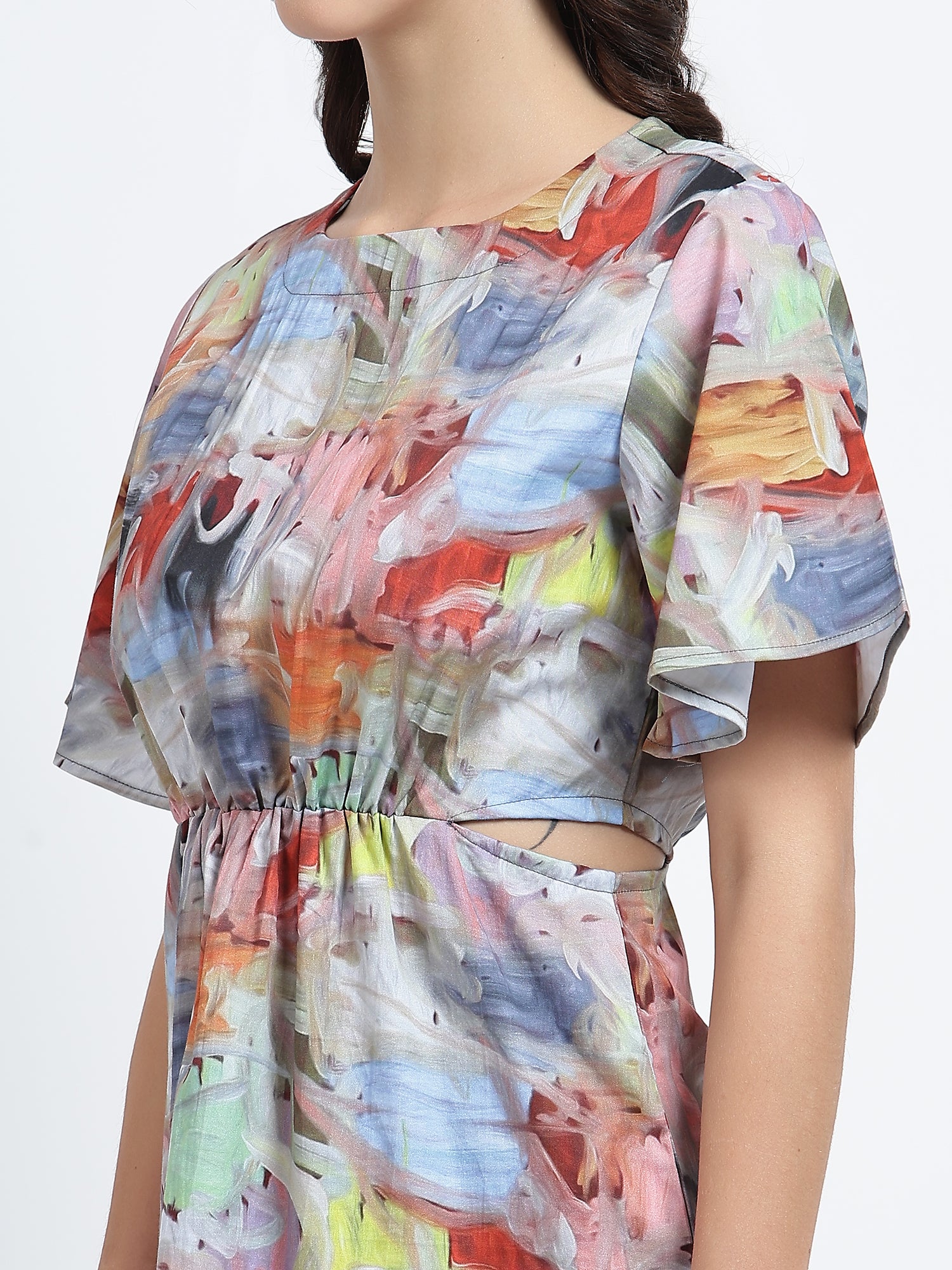 Color Stroke Printed Waist Cut-Out Dress