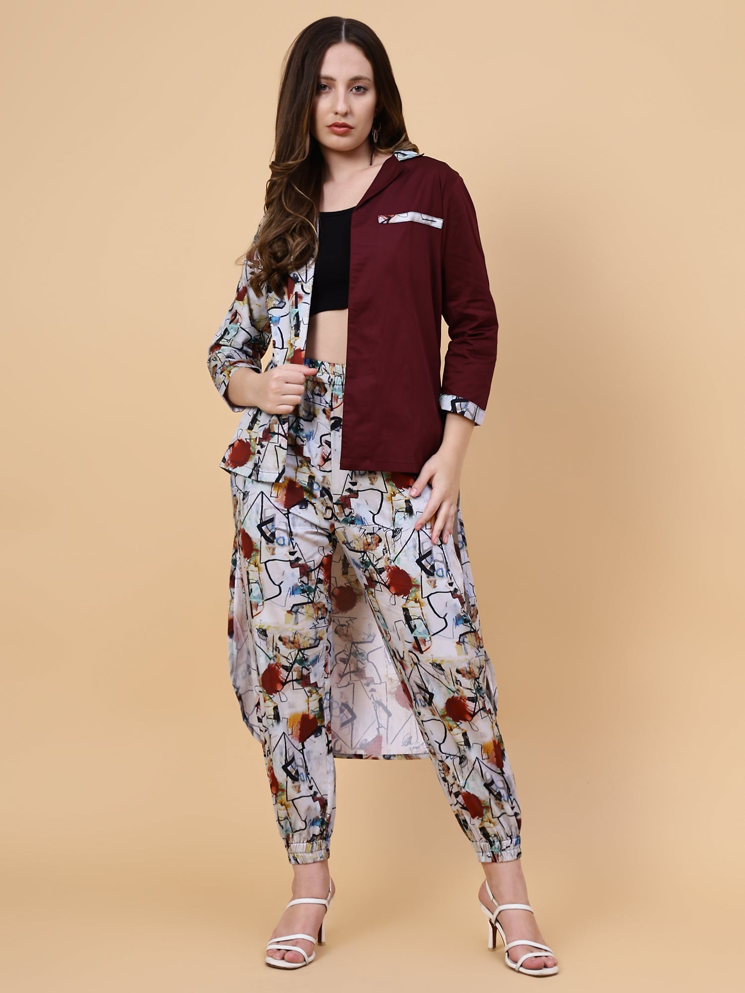 Burgundy Dots Half & Half Co-ord Set With Joggers (Set Of 2)