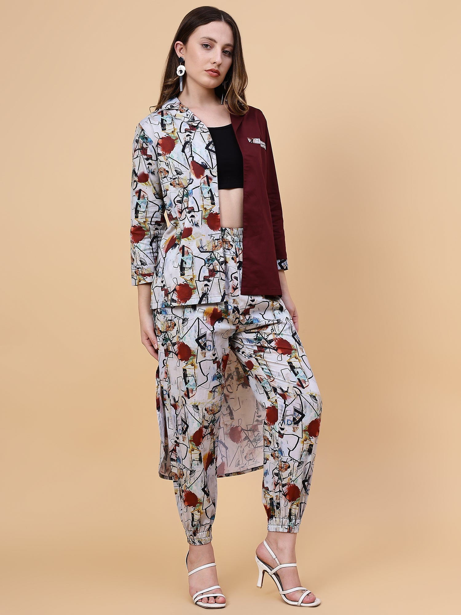 Burgundy Dots Half & Half Co-ord Set With Joggers (Set Of 2)