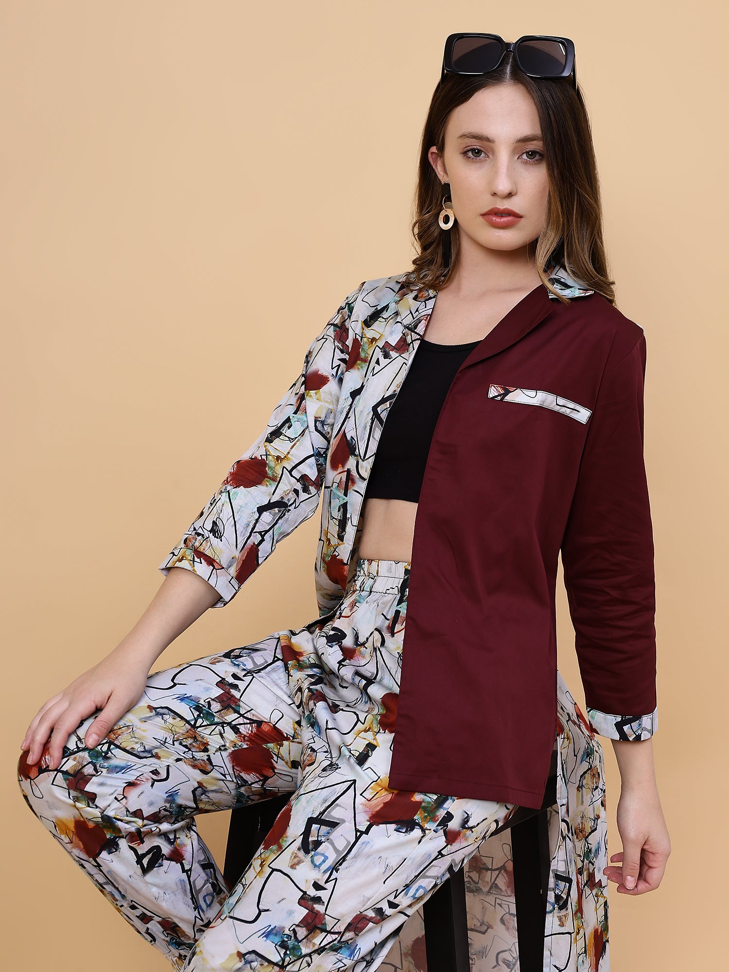 Burgundy Dots Half & Half Co-ord Set With Joggers (Set Of 2)