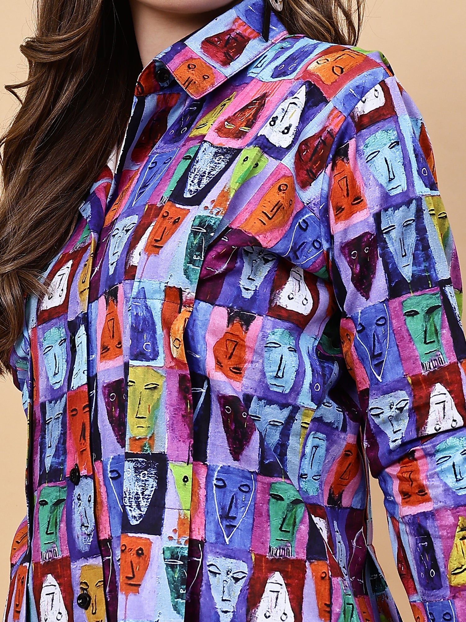 Multi Color Faces Printed Shirt Dress