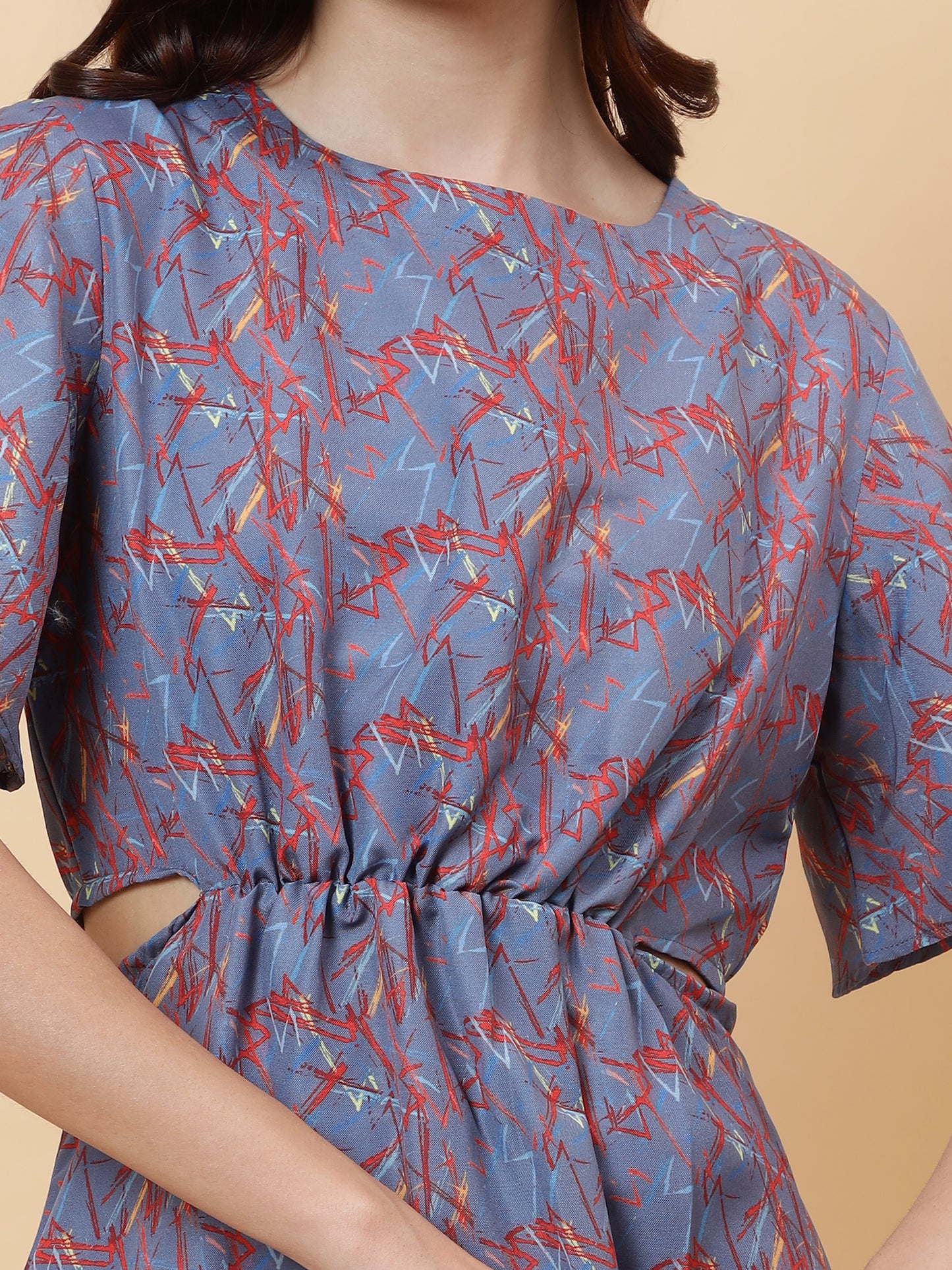 Abstract Printed Waist Cut-Out Dress
