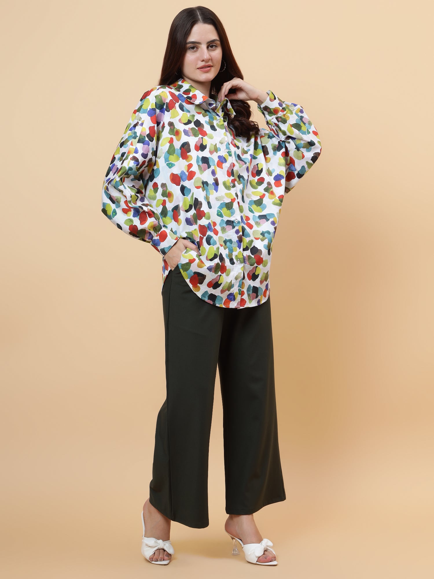 Colored Dots Oversized Shirt With Stretchable Loose Pants (Set of 2)